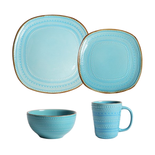 Roomcytle 4 Piece Porcelain Tableware Set Square Plates Salad Bowl Mug